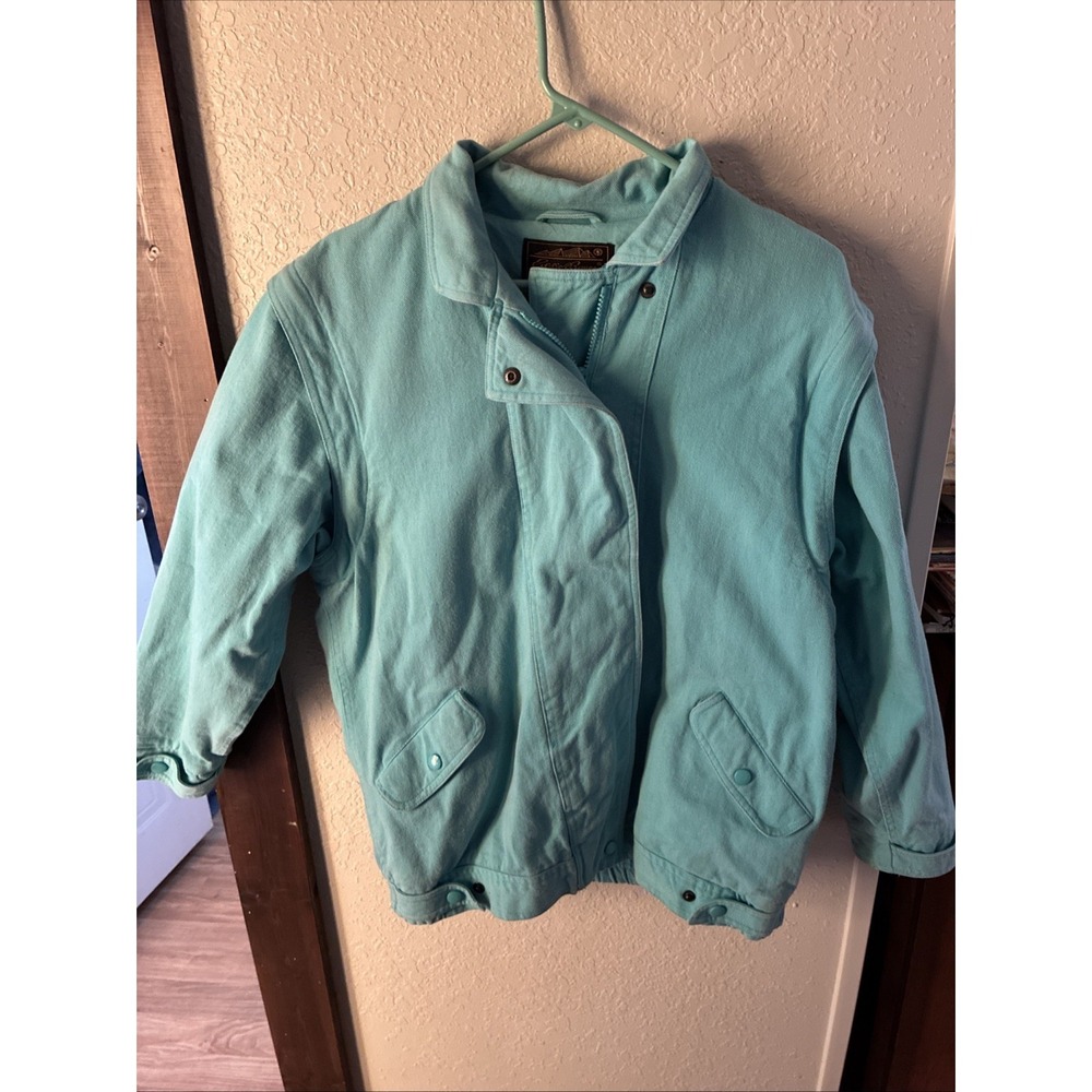 vtg eddie bauer womens jean/denim  jacket turquoise lg lined Look At Measurement